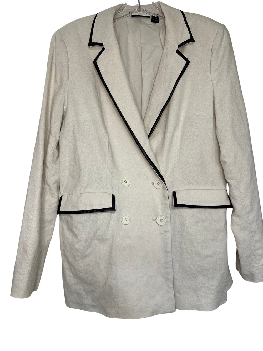Halogen Nordstrom Cream Linen Double-Breasted Blazer Black Faux Leather Trim M